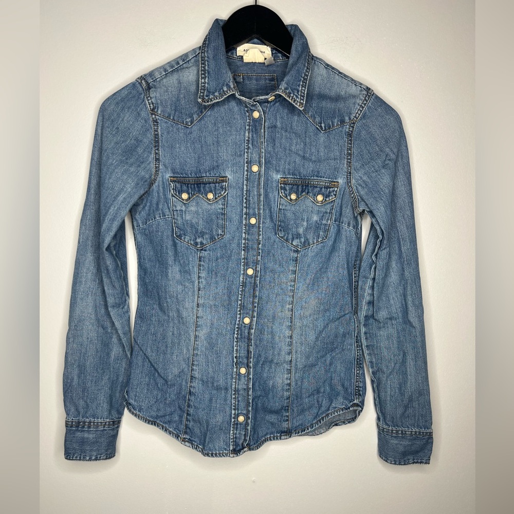 H&M Denim Blue Collared Button-Up Shirt, Pockets, Western, Size 2